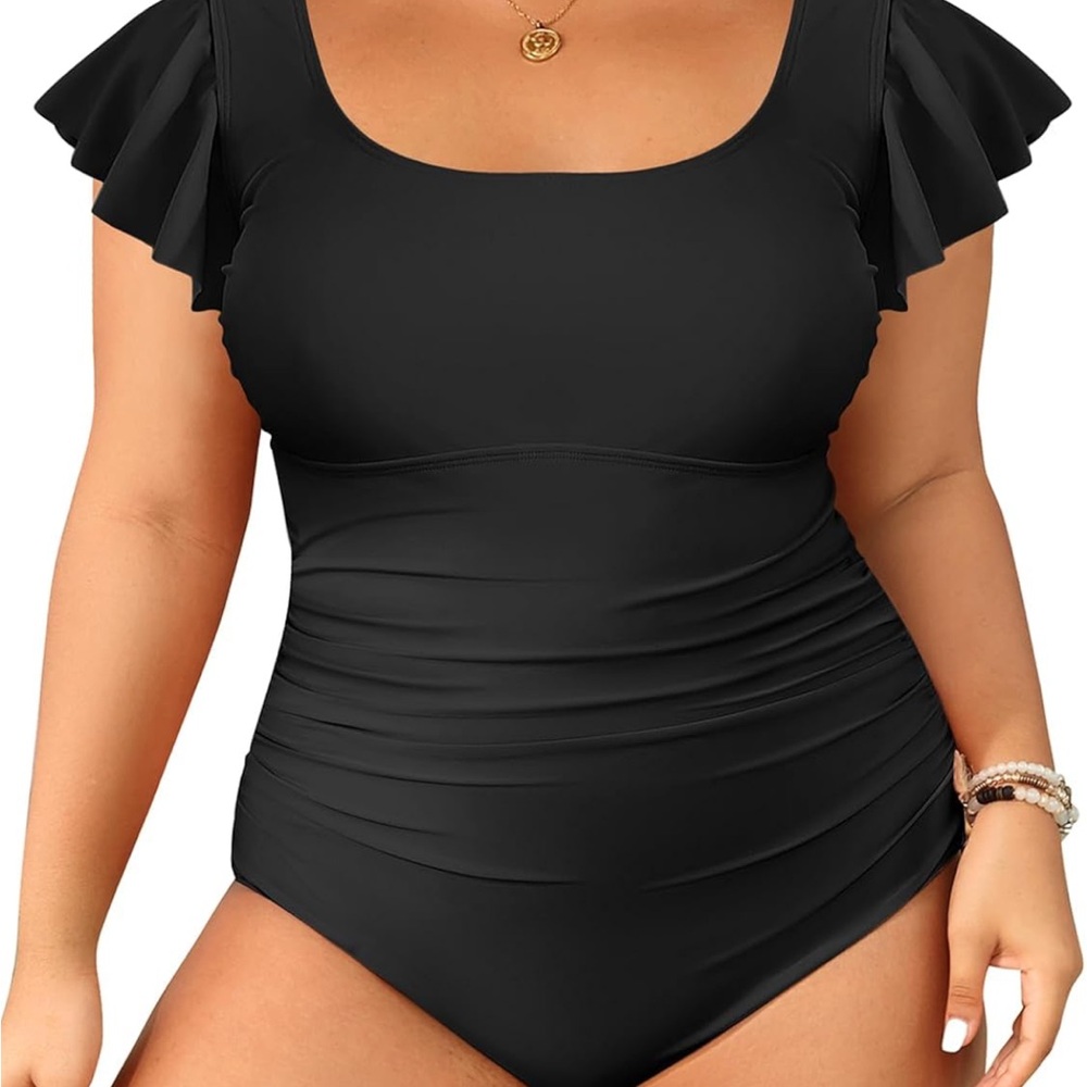 Plus size- Women Tummy Control Bathing Suit Ruffle Vintage Swimwear with Sleeves
